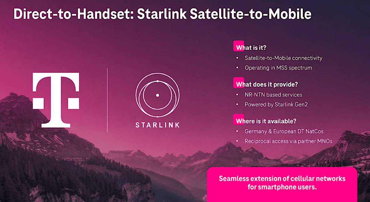 Direct-to-Handset: Starlink Satellite-to-Mobile. A presentation slide detailing the partnership between Deutsche Telekom and Starlink to provide NR-NTN based satellite-to-mobile services for smartphones across Germany and Europe.