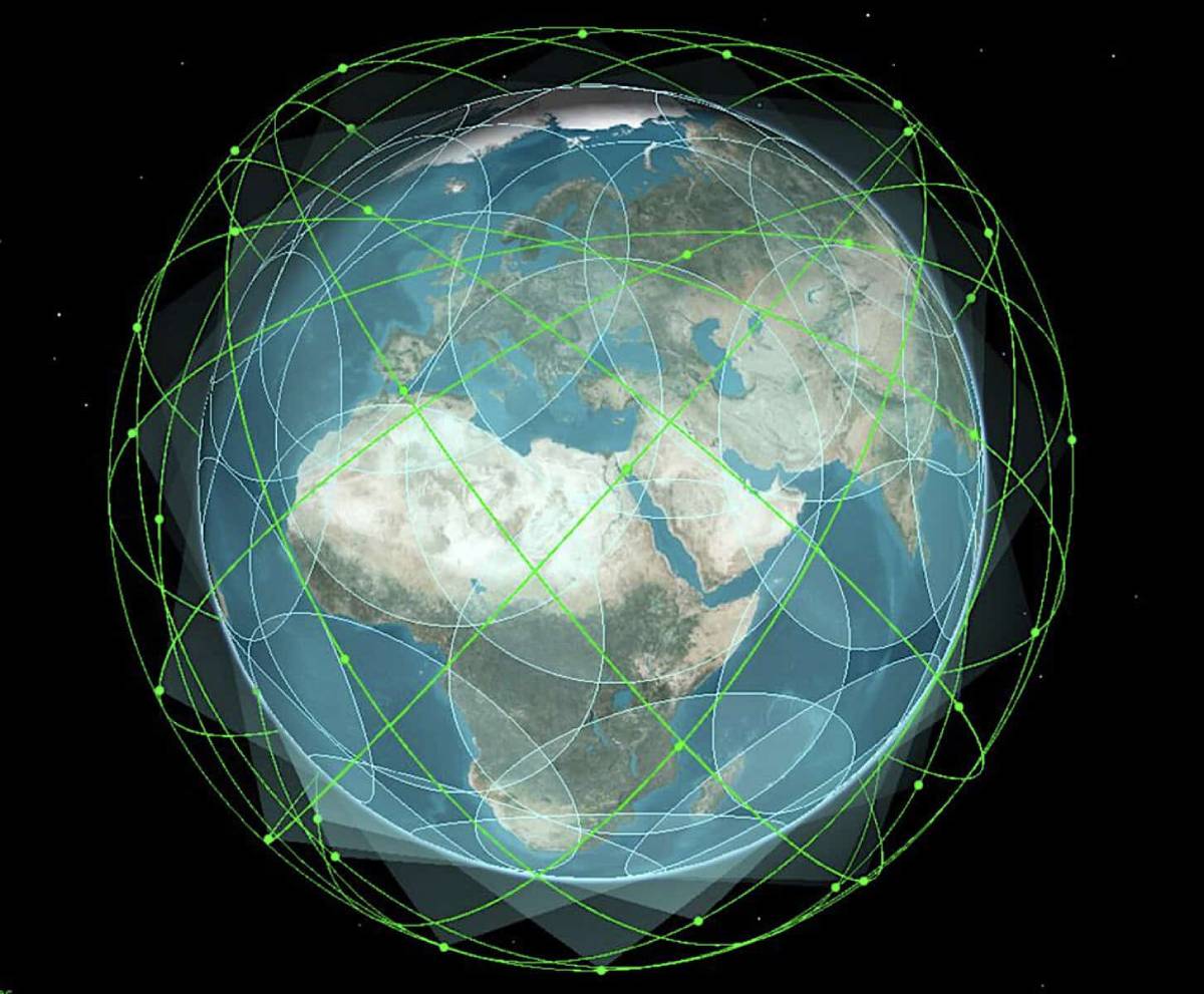 A digital visualization of the Globalstar C-3 constellation showing Earth surrounded by a network of intersecting green orbital rings populated with satellite markers.