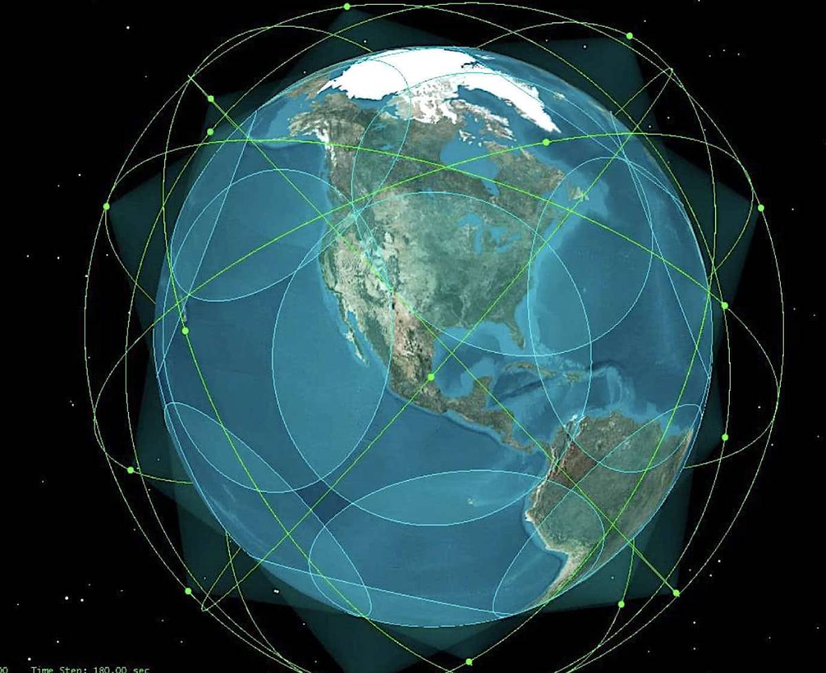 A visualization of Globalstar's current satellite constellation, depicting Earth centered on the Americas with a network of green orbital rings and satellite markers.