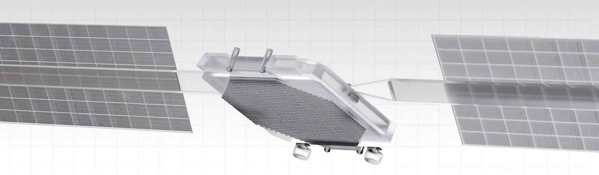 A rendering of the MDA Aurora D2D satellite, featuring a central hexagonal bus with two large rectangular solar arrays extended on opposite sides.