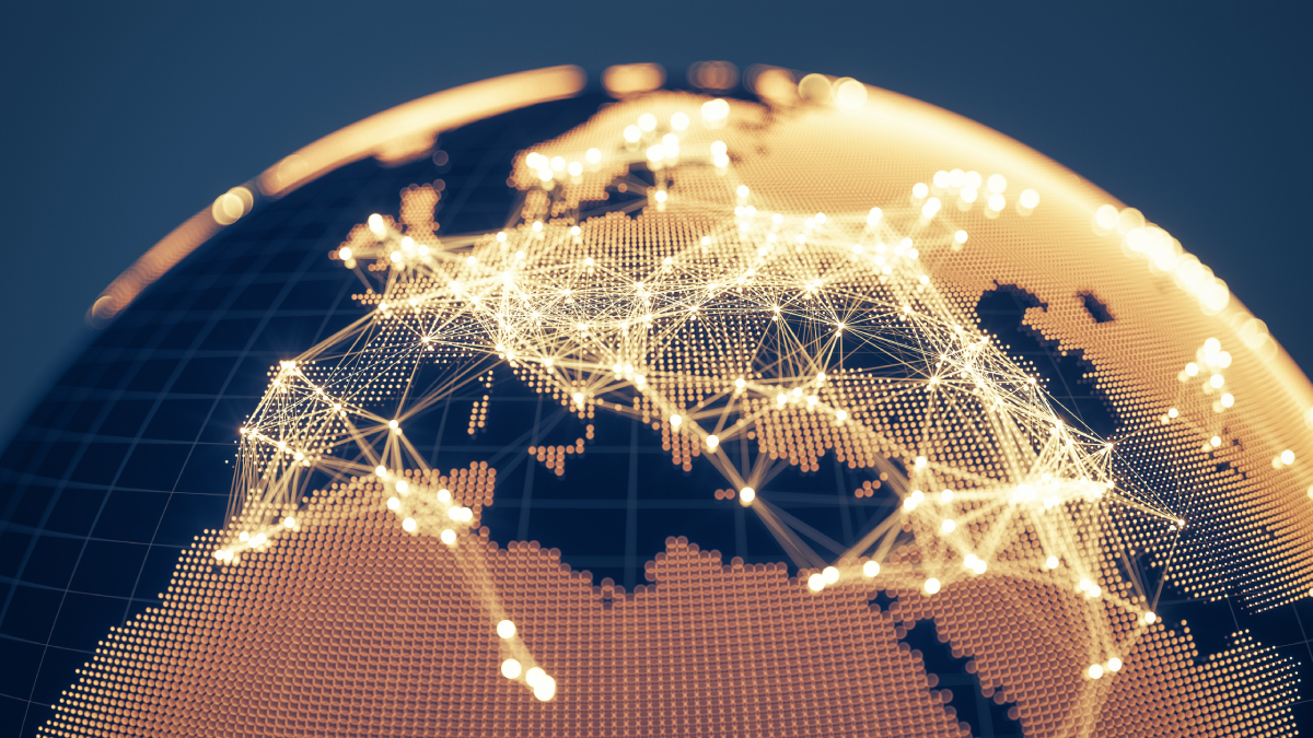 An abstract digital illustration of a glowing globe focused on Europe, featuring a dense network of interconnected nodes and lines of light that symbolize satellite connectivity and communication infrastructure.