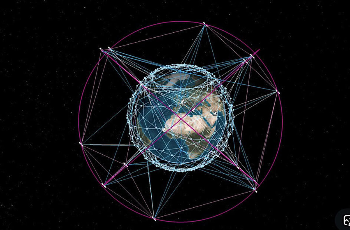 A digital illustration showing the planned IRIS2 multi-orbit satellite constellation as a complex web of blue and magenta connection lines forming layers of concentric shells around a centralized view of Earth in deep space.