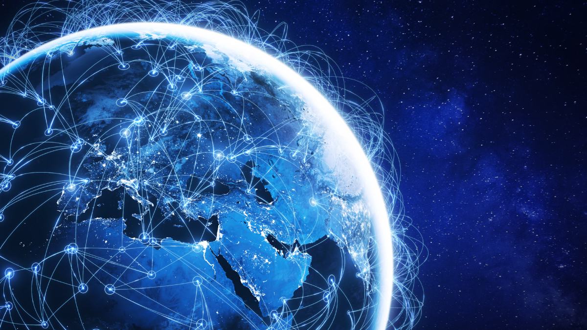A digital rendering of Earth from space surrounded by a dense, glowing blue web of interconnected lines and nodes representing a global satellite communication network.