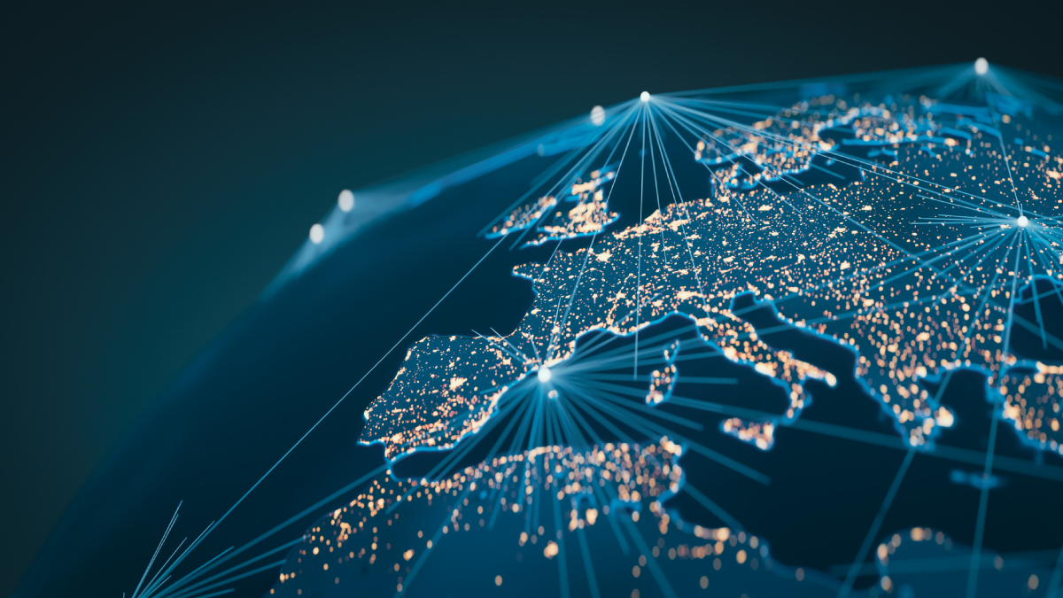 A digital, stylized rendering of Europe from space at night, showing city lights interconnected by a web of glowing blue data and communication lines to symbolize a satellite network.