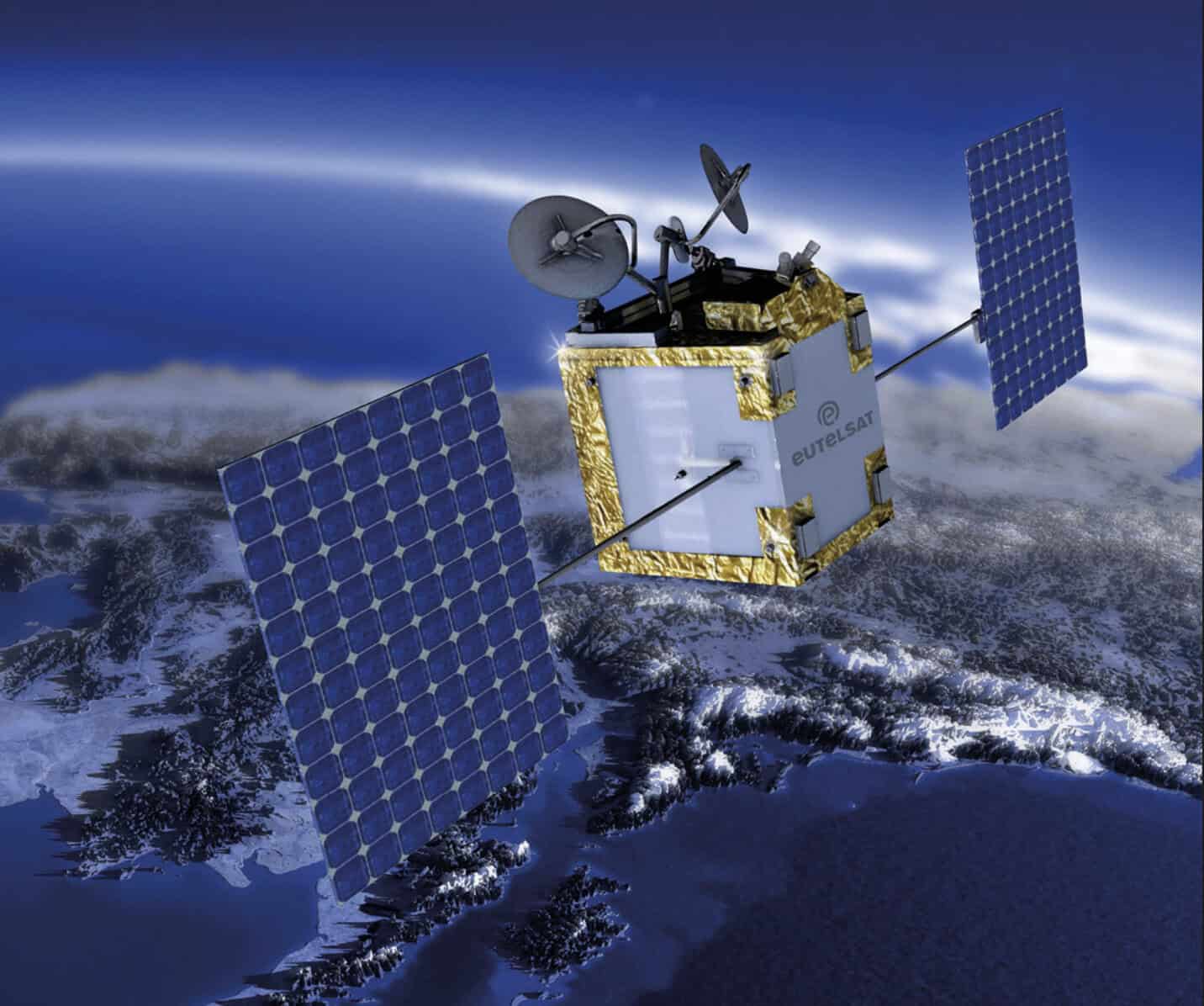 An artist's impression of a Eutelsat communications satellite orbiting high above Earth, featuring a boxy gold-and-white body with extended rectangular solar panels and communication dishes.