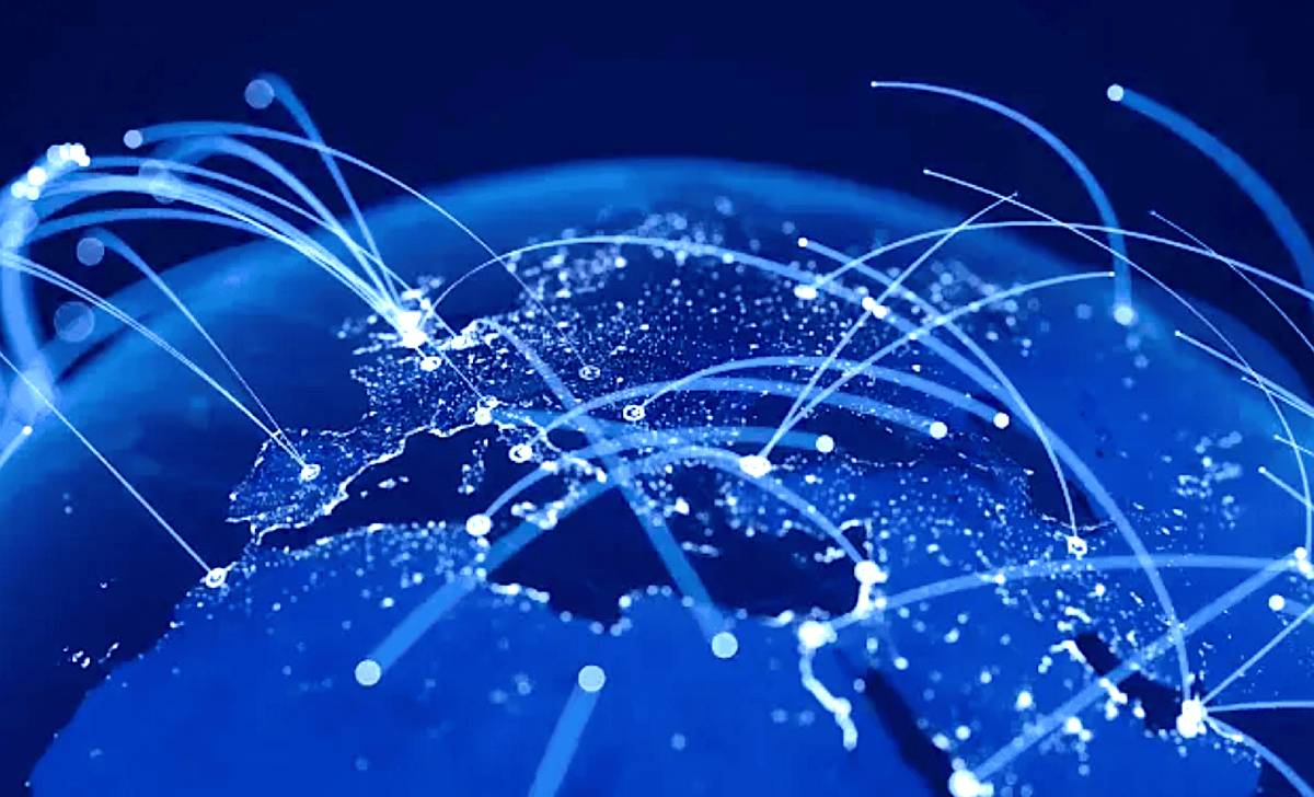 A digital illustration of Earth centered on Europe with glowing blue light trails representing a secure satellite communications network.