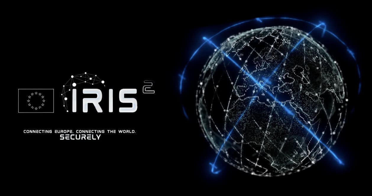An official promotional graphic for the European Union's IRIS2 satellite constellation project, featuring the IRIS2 logo with the EU flag and the tagline 'Connecting Europe, Connecting the World. Securely' alongside a digital 3D globe enveloped by a network of glowing blue orbital tracks.