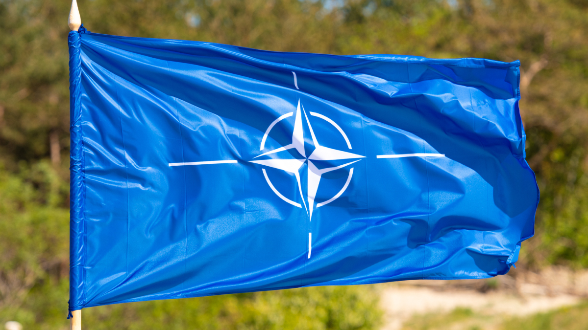 The blue NATO flag with its white compass rose emblem waves in the wind against a blurred background of green foliage.