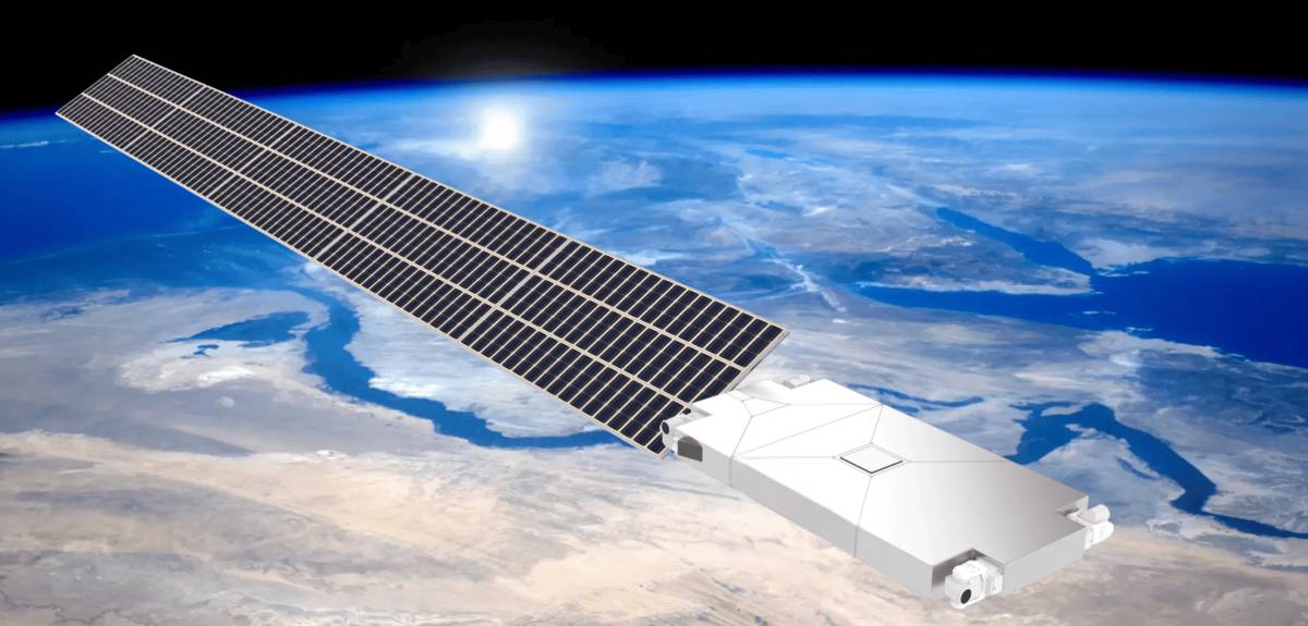 An artist's concept shows a sleek Univity broadband satellite with a long, extended solar array panel orbiting high above the Earth.