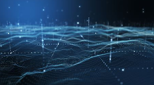 A 3D digital grid with peaks and valleys in shades of blue, representing a network data flow.