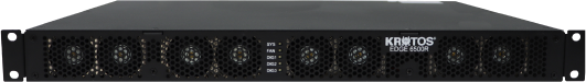 Front view of a rack-mounted Kratos OpenSpace Edge 6500R network appliance with a mesh grille showing cooling fans and LED indicators, used in edge computing and digitizer systems.