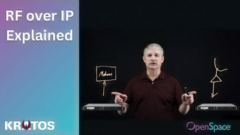 Presenter stands between two RF devices and a transparent board showing drawings of an antenna and a satellite dish, with the title 'RF over IP Explained' and KRATOS and OpenSpace logos.