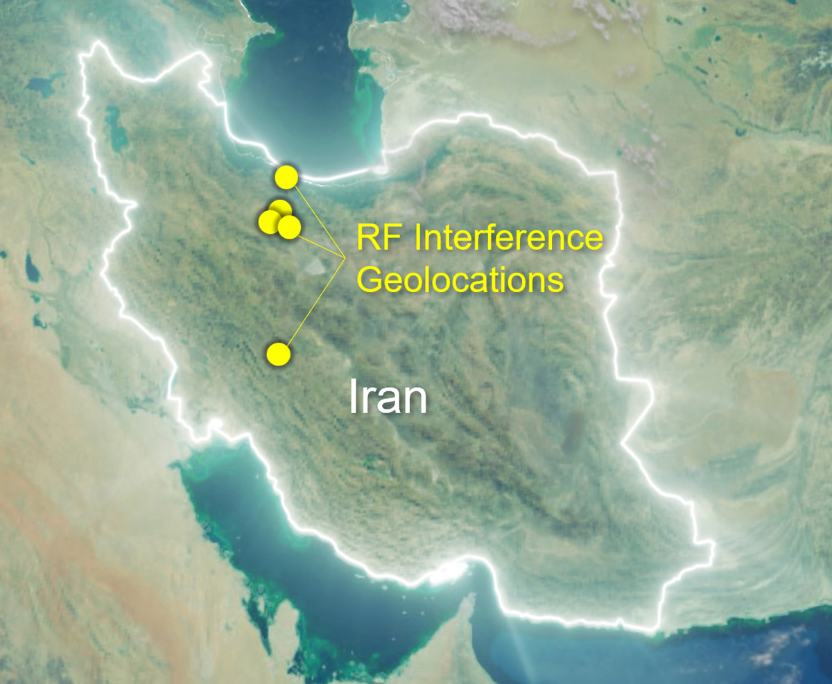 A satellite map of Iran displays five yellow markers in the northwestern and western regions indicating Kratos RF interference geolocations recorded from March 1 to March 3, 2026.