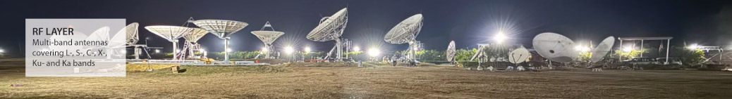 RF Layer: A satellite antenna farm with large multi-band dishes illuminated by floodlights at night