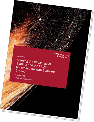 Analysys Mason report cover from February 2023 titled 'Meeting the Challenge of Starlink and the Mega-Constellations with Software Ground,' featuring a network constellation visualization on dark background.