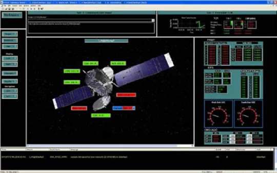 A screenshot of the Epoch IPS software interface displaying satellite subsystem health gauges, event logs, and status dashboards.