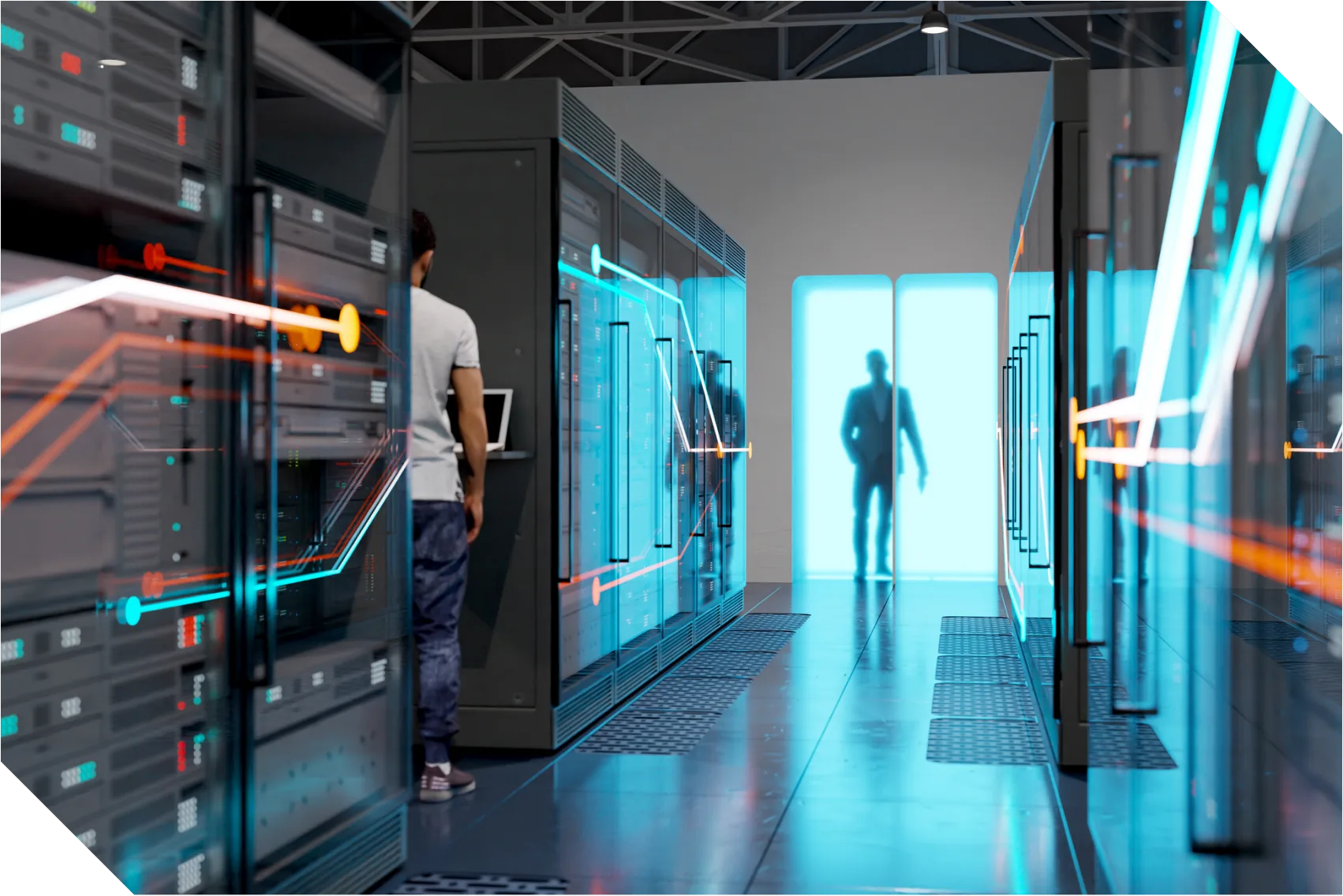 Stylized mockup of metallic server racks partially overlaid by a digital grid and a bold geometric cutout, representing virtualization.