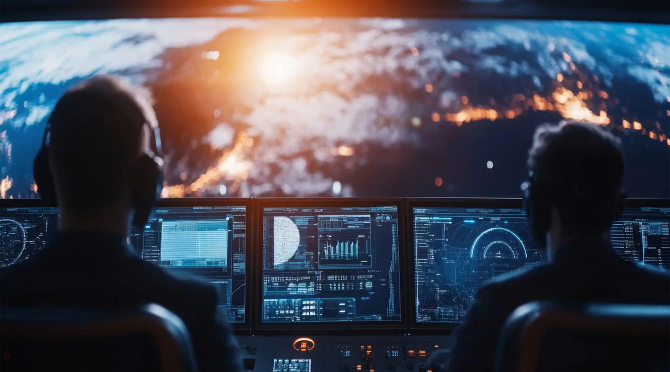 Futuristic digital view of Earth from space with glowing orbital paths and communication grids, emphasizing software-defined ground systems.