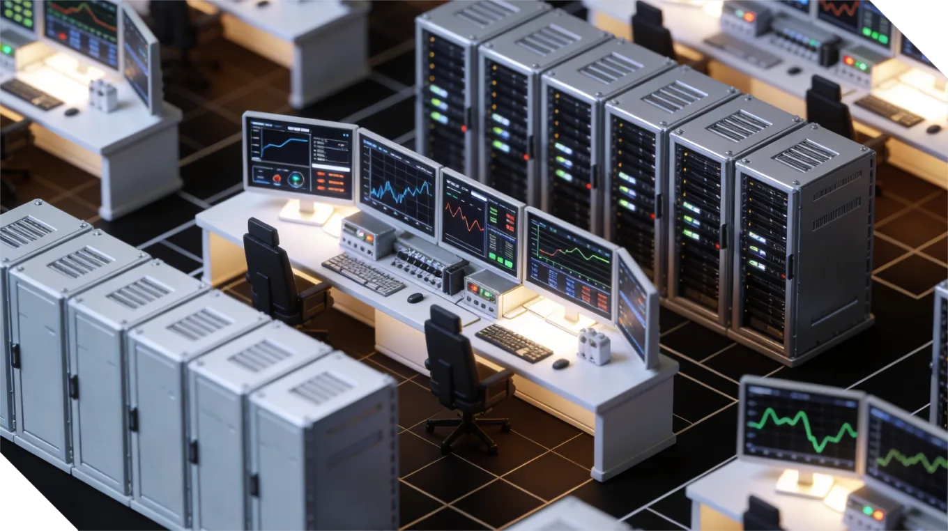 A geometric cutout showing a space operations control room with engineers monitoring large display screens displaying satellite tracking maps.