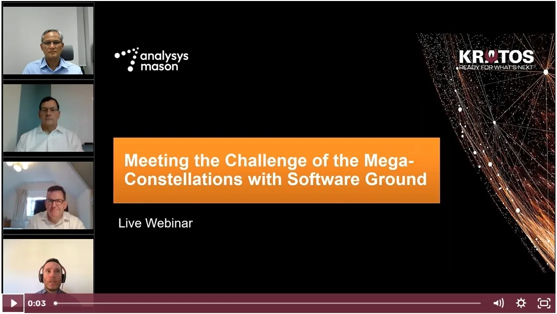 Live Webinar slide titled 'Meeting the Challenge of the Mega-Constellations with Software Ground' featuring four speaker video thumbnails, Analysys Mason logo, and Kratos branding.