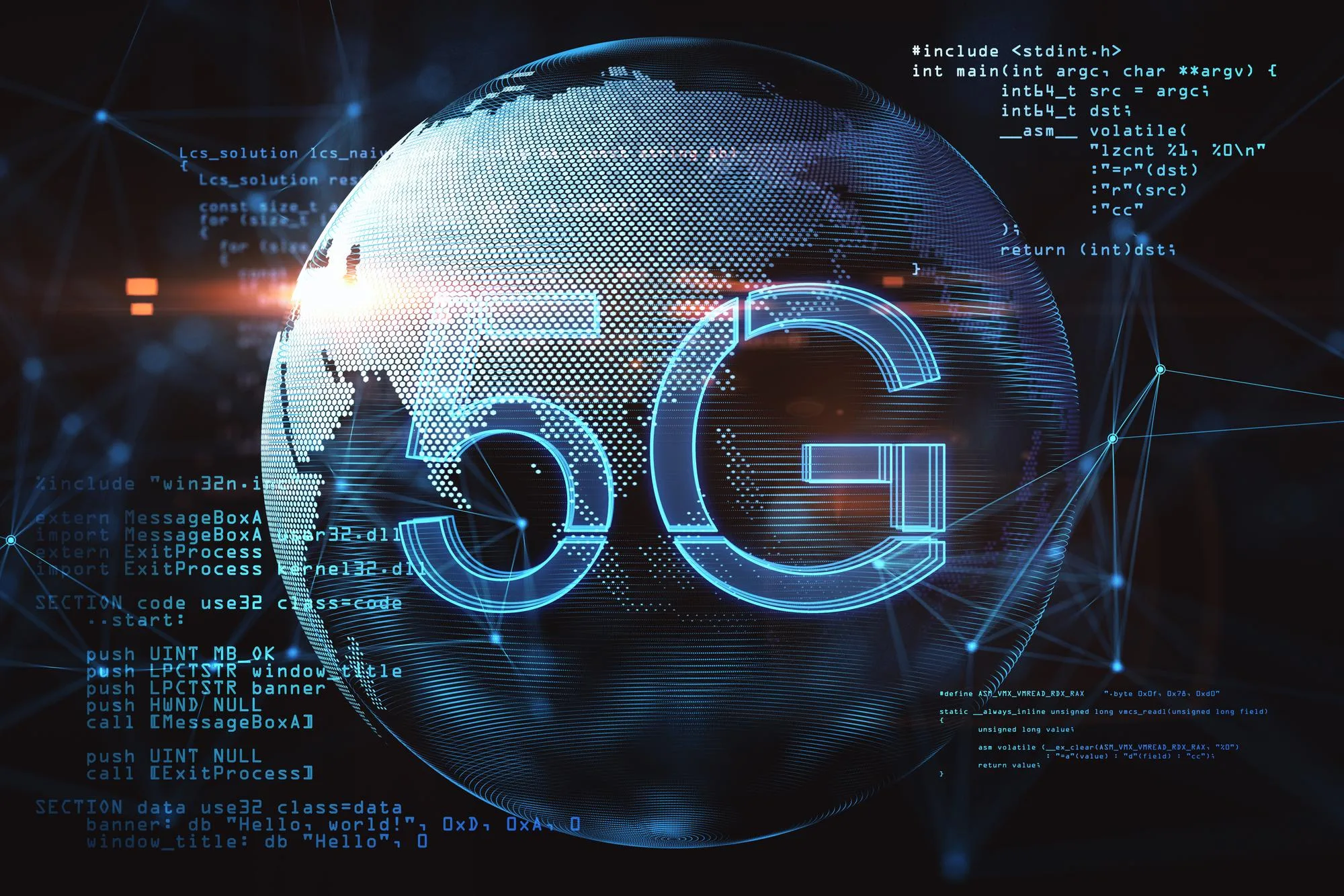 Digital blue holographic globe displaying 5G text overlaid with programming code lines and network constellation nodes.
