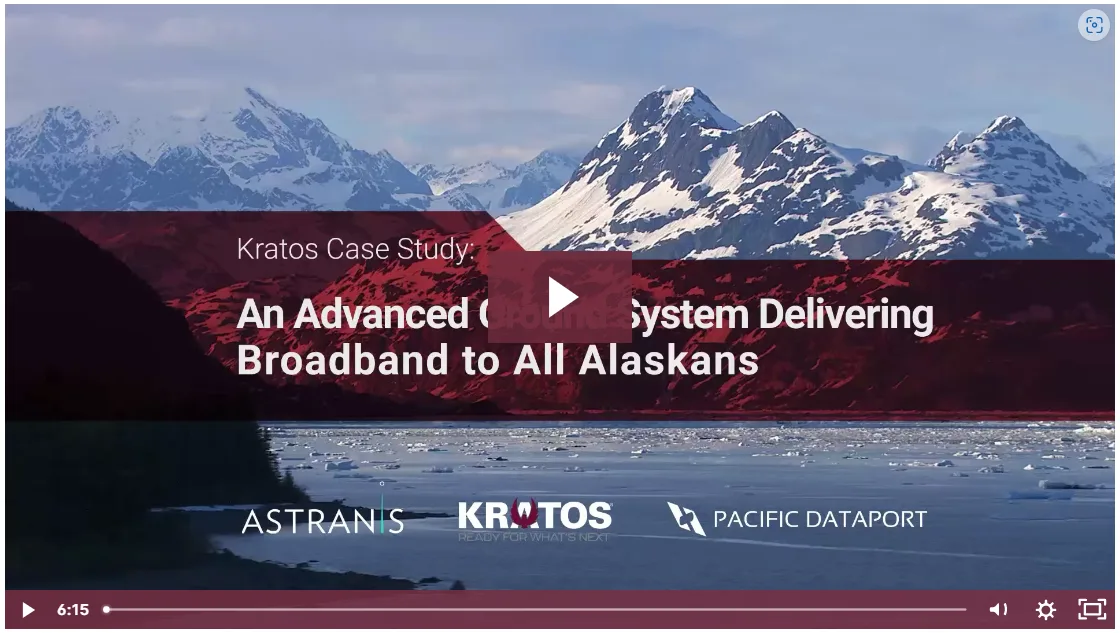 Video player thumbnail featuring snowy Alaskan mountain ranges, frozen water, a central play button, and partner logos for Astranis, Kratos, and Pacific Dataport.