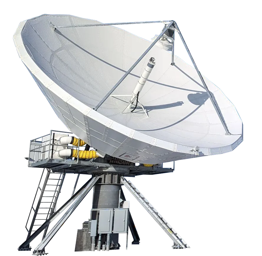 Isolated image of a large white parabolic satellite ground station antenna mounted on a steel pedestal frame.