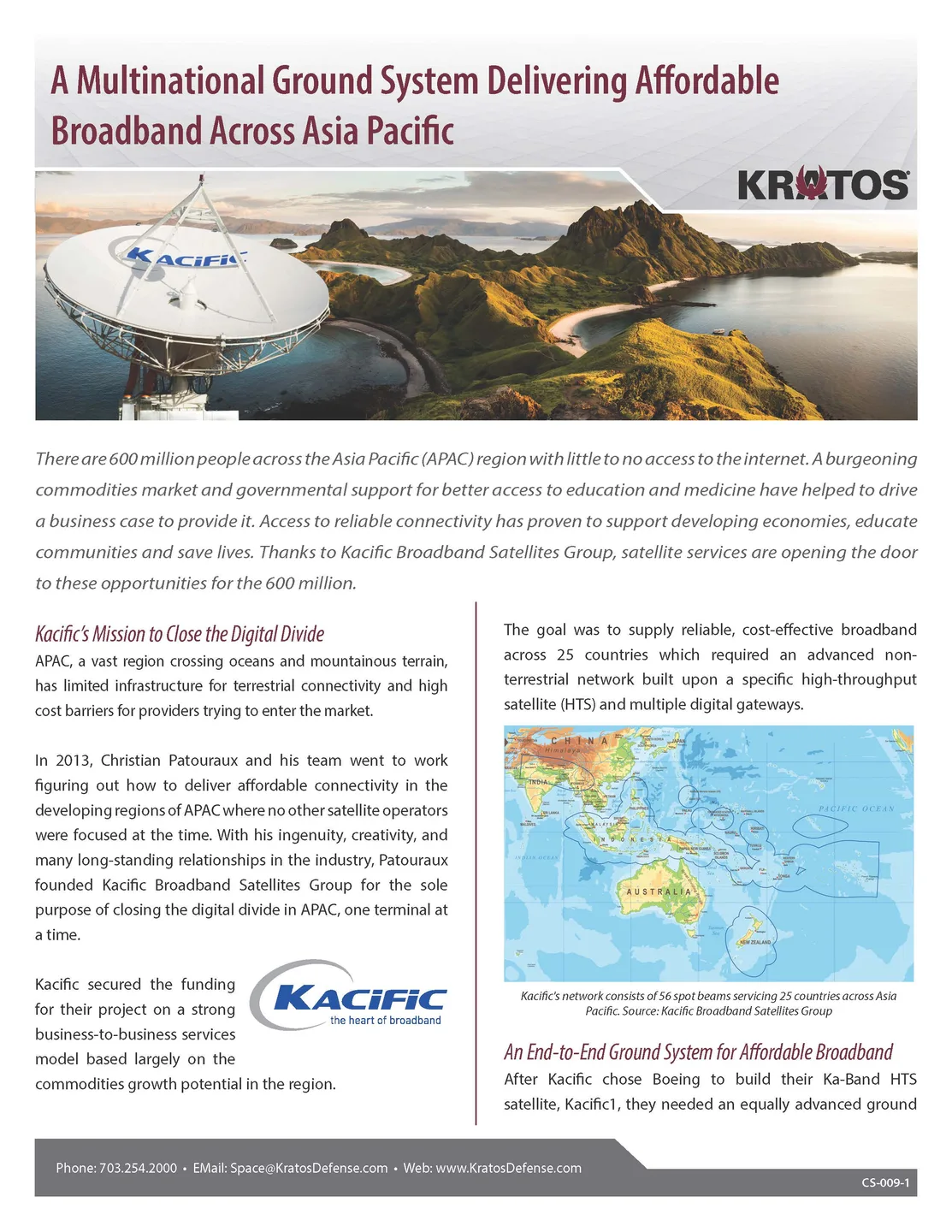 PDF case study document page titled Multinational Ground System Delivering Affordable Broadband Across Asia Pacific, featuring a satellite dish overlooking tropical islands.