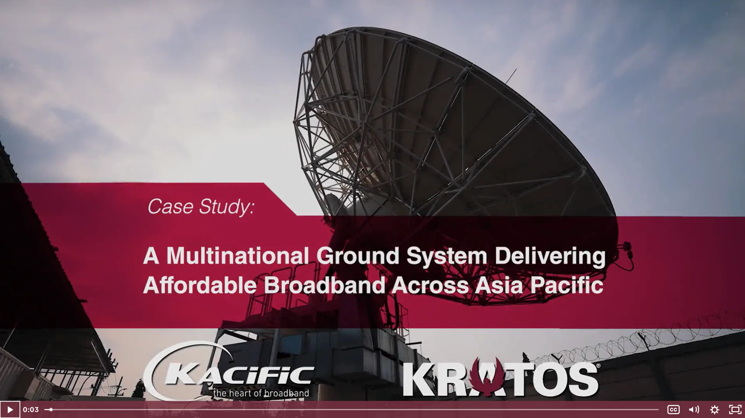 Video thumbnail with play overlay showing a large satellite ground dish and text reading Case Study: A Multinational Ground System Delivering Affordable Broadband Across Asia Pacific.