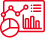 Red outline vector icon representing signal monitoring and telemetry analytics with line graphs, bar charts, and a pie chart.