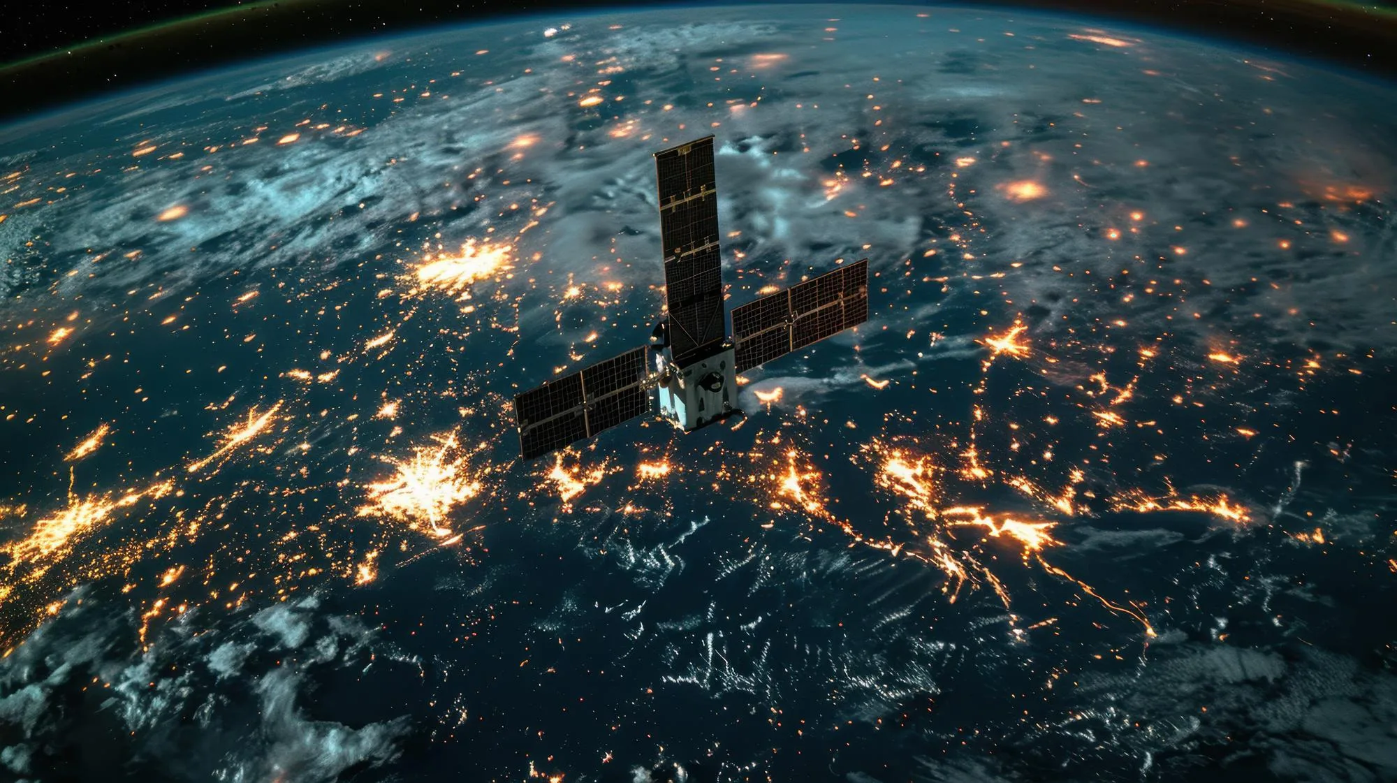 Satellite orbiting Earth at night with glowing city lights below