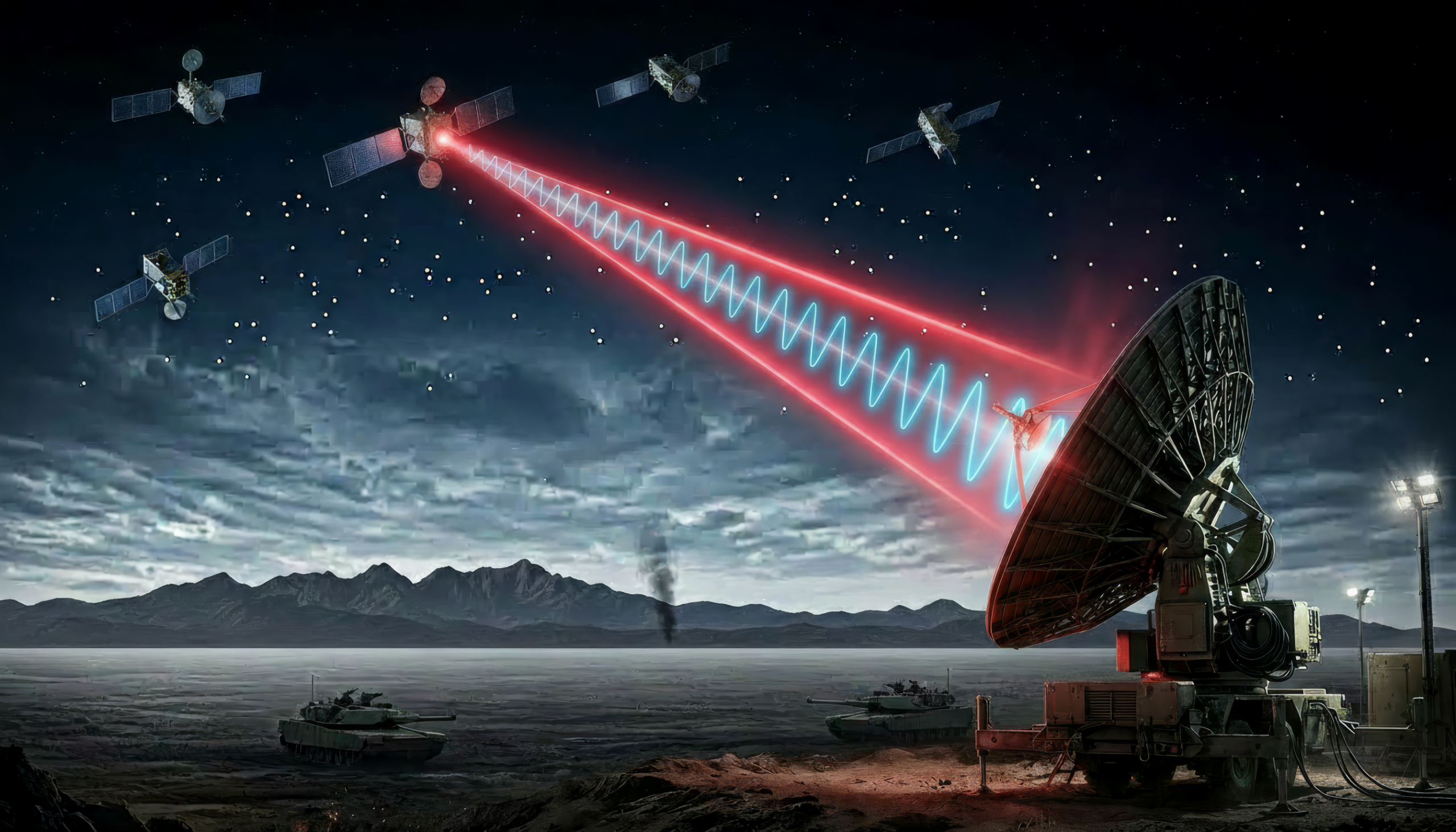 Tactical ground dish antenna transmitting a red RF signal beam to a constellation of satellites in orbit.