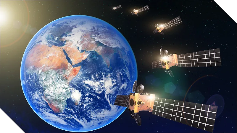 Rendering of planet Earth with multiple communication satellites in orbit under bright solar illumination.