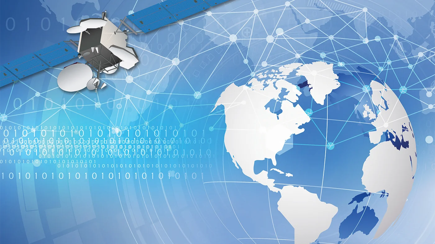 Satellite in orbit over Earth with connected digital network nodes and binary data streams.