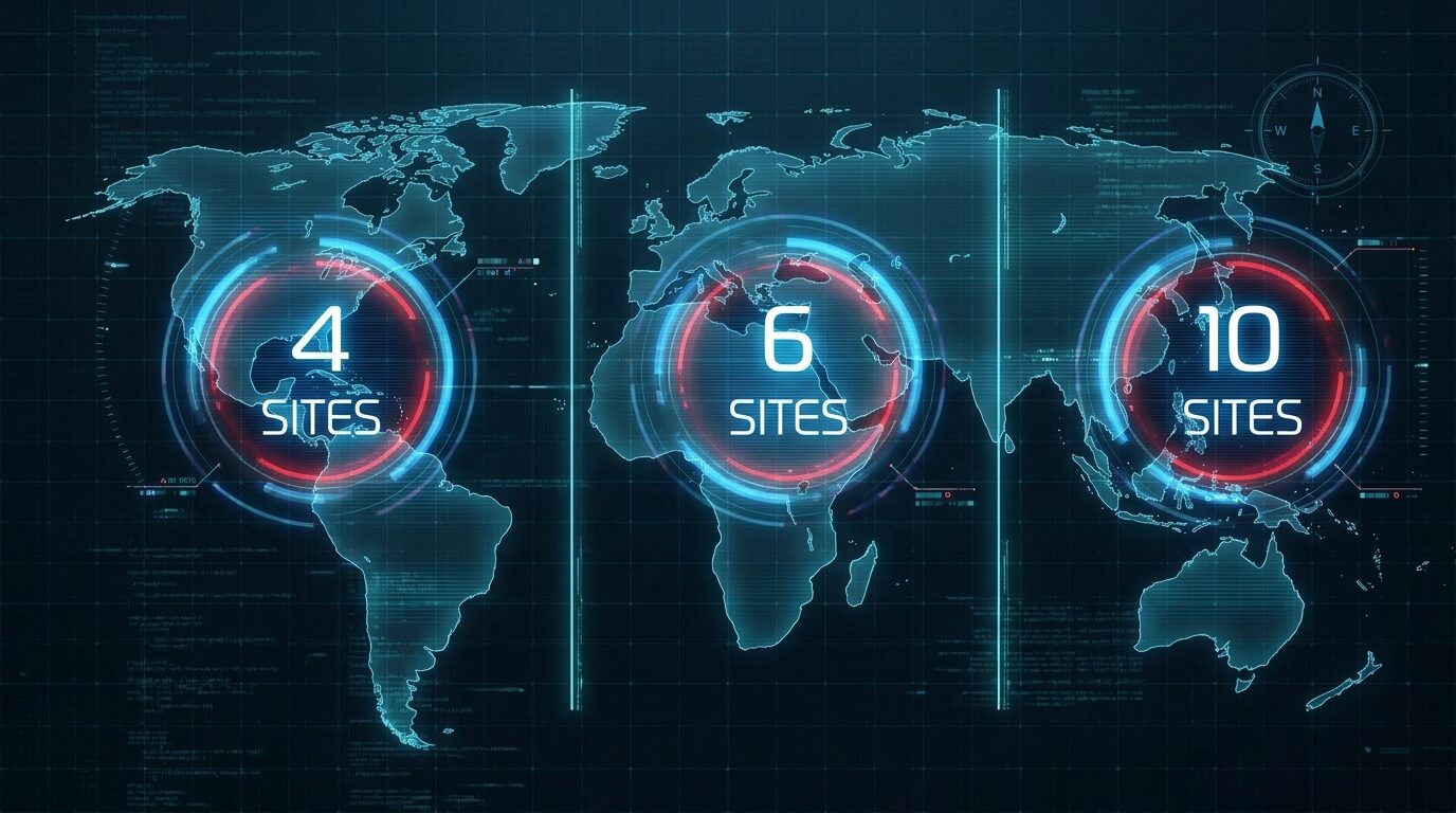 Futuristic dark blue digital world map with glowing HUD reticles highlighting 4 sites in the Americas, 6 sites in Europe and Africa, and 10 sites in Asia-Pacific.