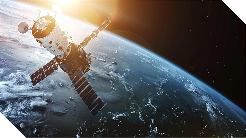 Satellite orbiting above Earth atmospheric limb with deployed solar arrays reflecting bright sunlight.