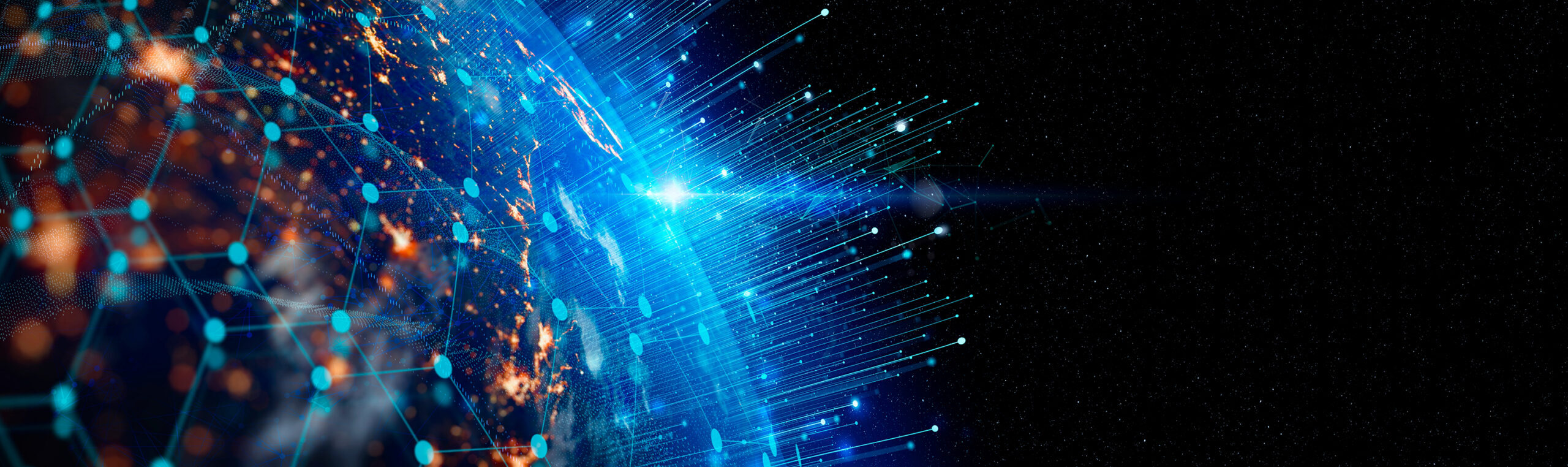 Abstract digital globe illuminated by cyan network nodes and vertical streaming signal lines into deep space.