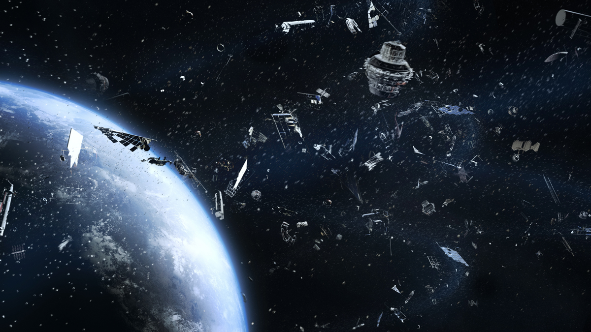 Earth orbit densely populated with floating space debris, satellite fragments, and orbital junk drifting above the atmosphere.
