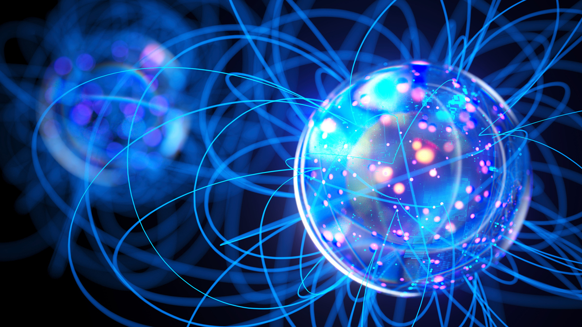 Glowing blue sphere surrounded by swirling orbital lines representing autonomous data and regulatory networks.