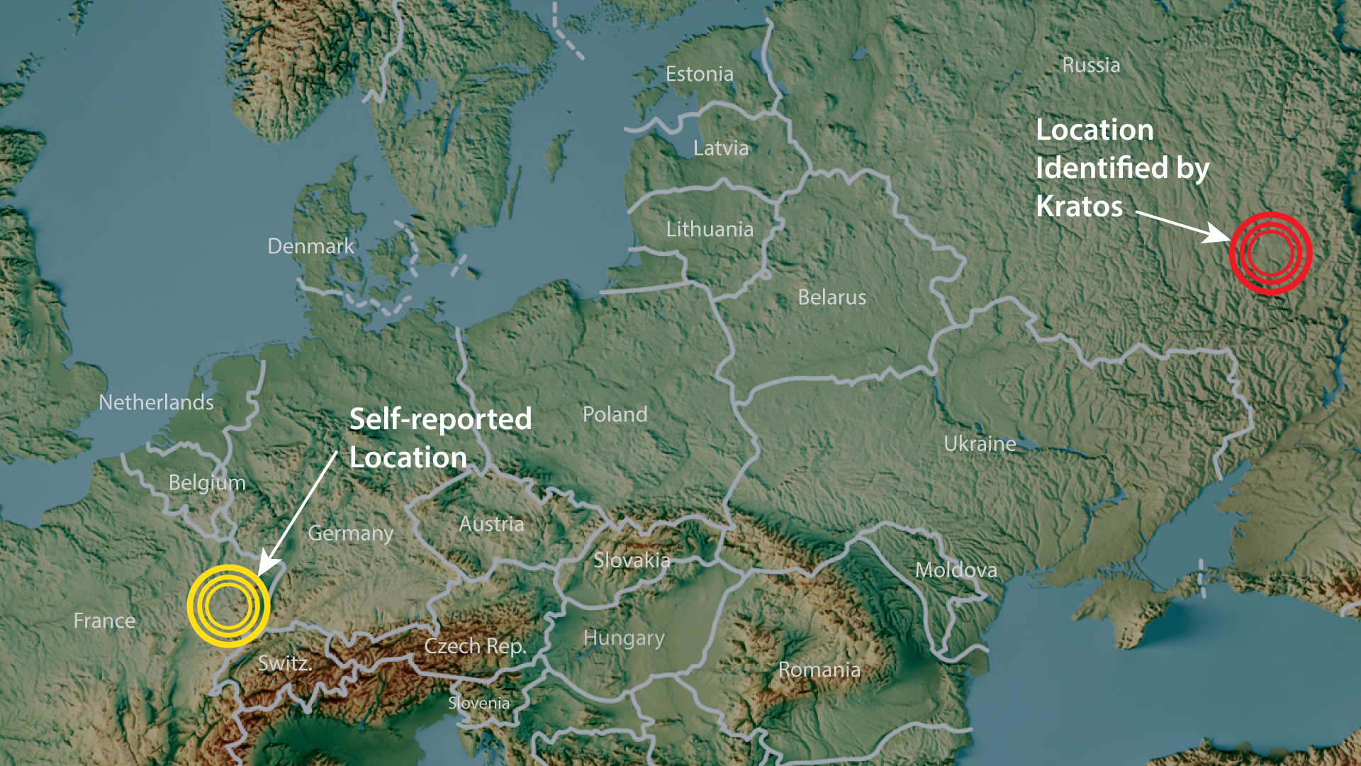Map comparing self-reported location in Western Europe with Kratos identified location in Russia.