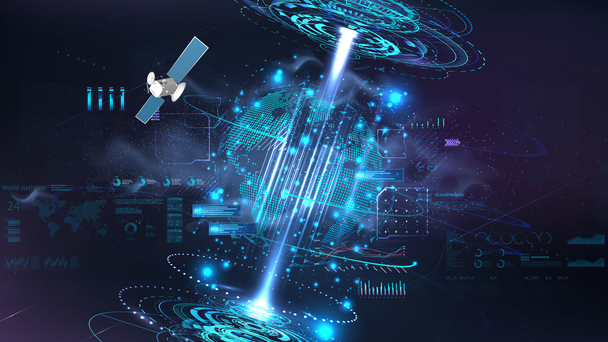Satellite transmitting a vertical energy beam to a digital globe surrounded by complex telemetry interfaces.