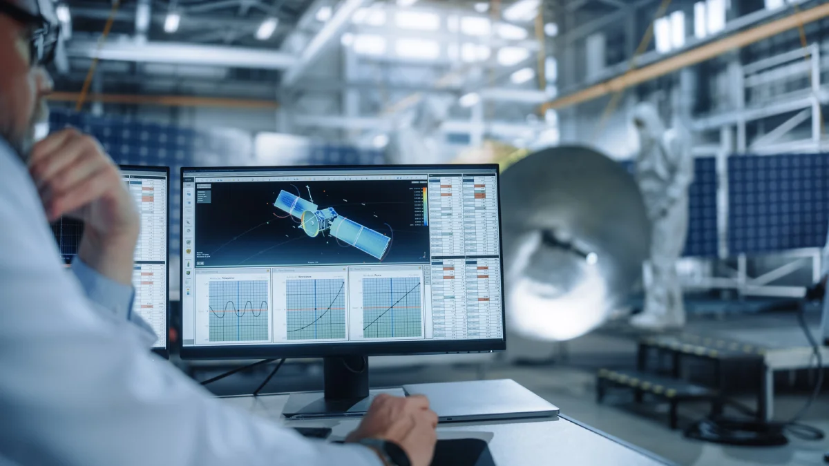 An engineer monitors a 3D model and telemetry graphs of a satellite on a computer screen inside a high-tech aerospace manufacturing facility.
