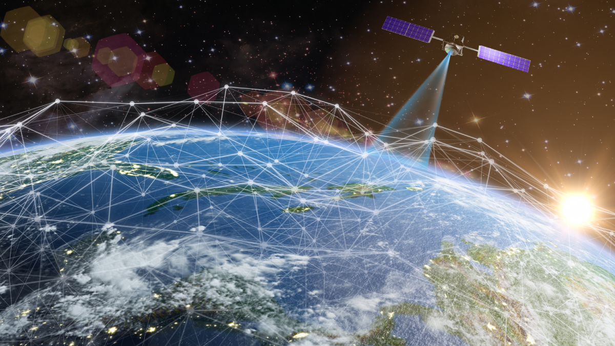 Satellite emitting a focused beam down to a global mesh network grid over Earth at orbital sunrise.