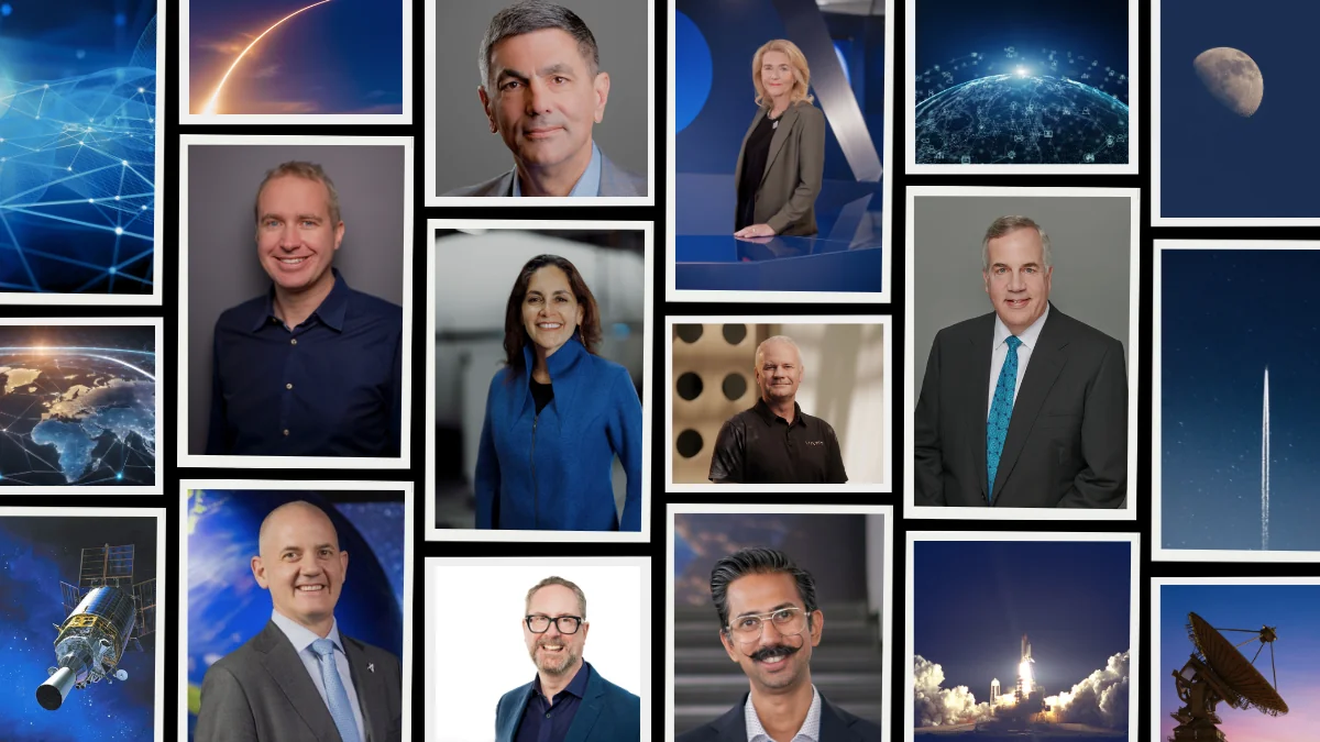 Photo collage featuring executive headshots interleaved with imagery of rockets, satellites, dish antennas, and Earth.
