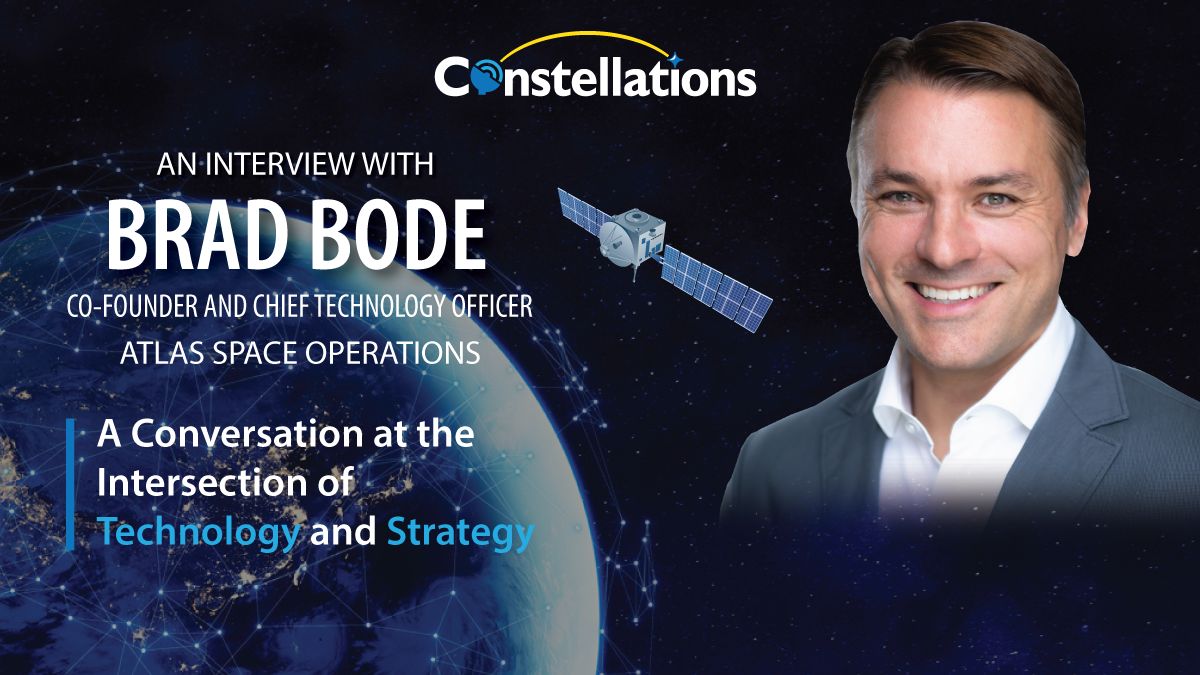 Atlas Space CTO's headshot against a black background with an artistic rendering of Earth from space orbited by a satellite network