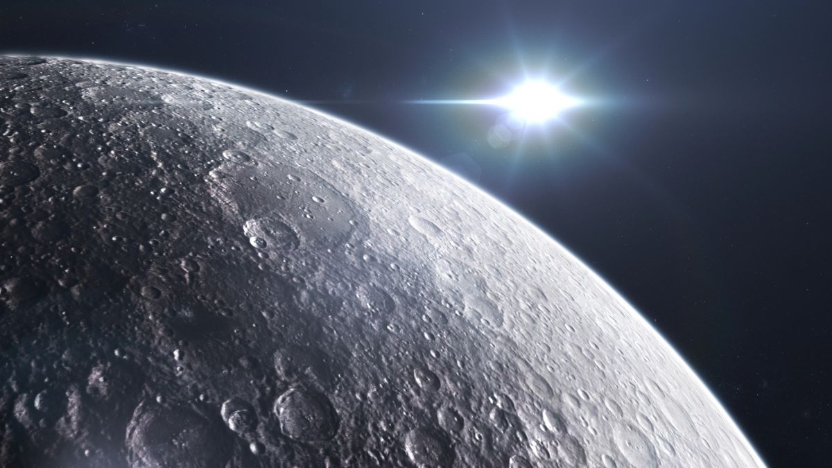 An artistic rendering of the moon in space with the bright light of a satellite in lunar orbit against a deep blue backdrop.