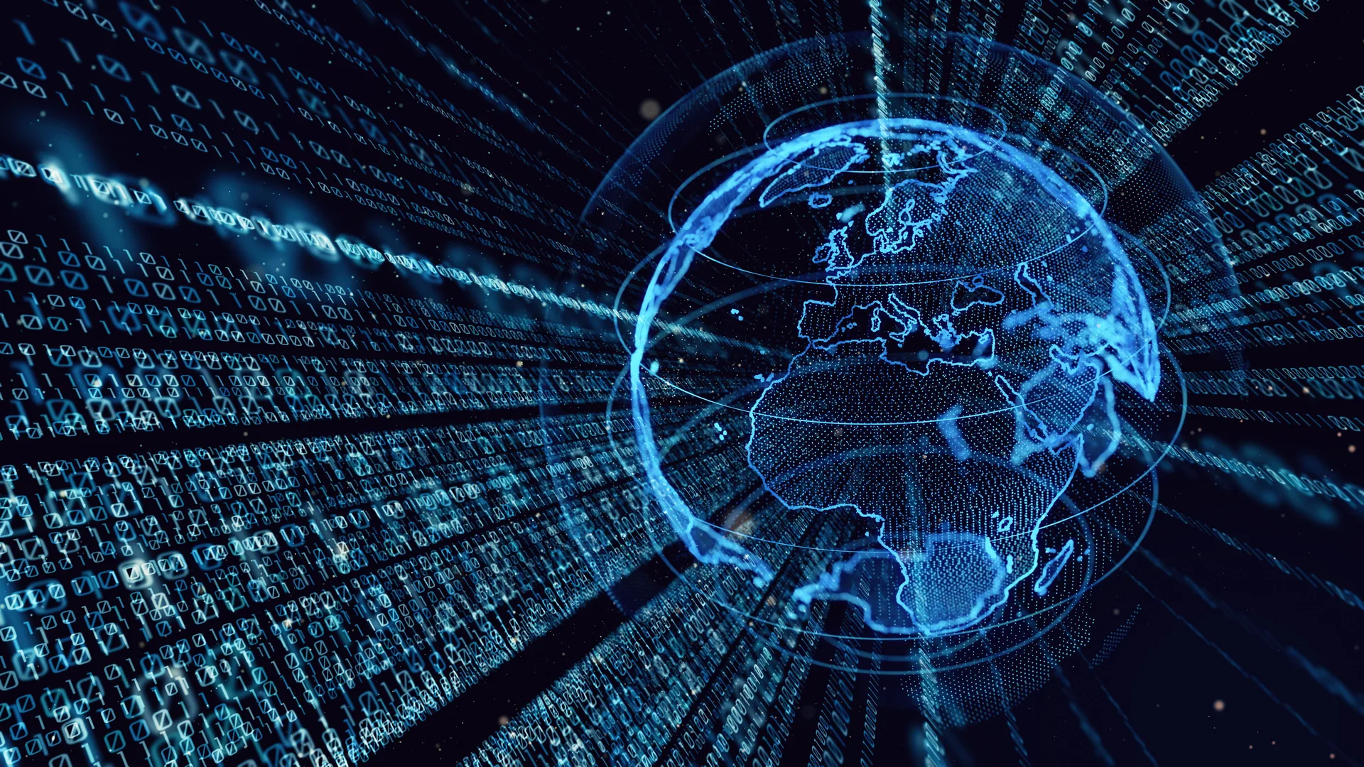 Digital rendering of a globe with continents outlined in blue, surrounded by streams of binary code and data lines, representing global connectivity and data flow.