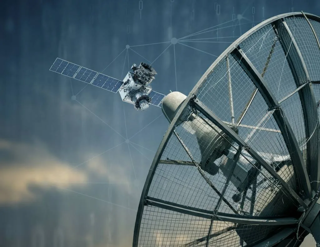 A large satellite dish pointed towards a satellite in space, with digital network lines connecting them, symbolizing global communications.