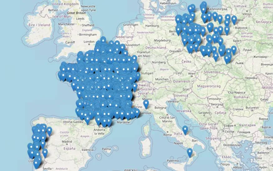 A map of Europe showing the locations of numerous terminals in France, Italy, the UK, and Eastern Europe that were using bandwidth on Express AM8.