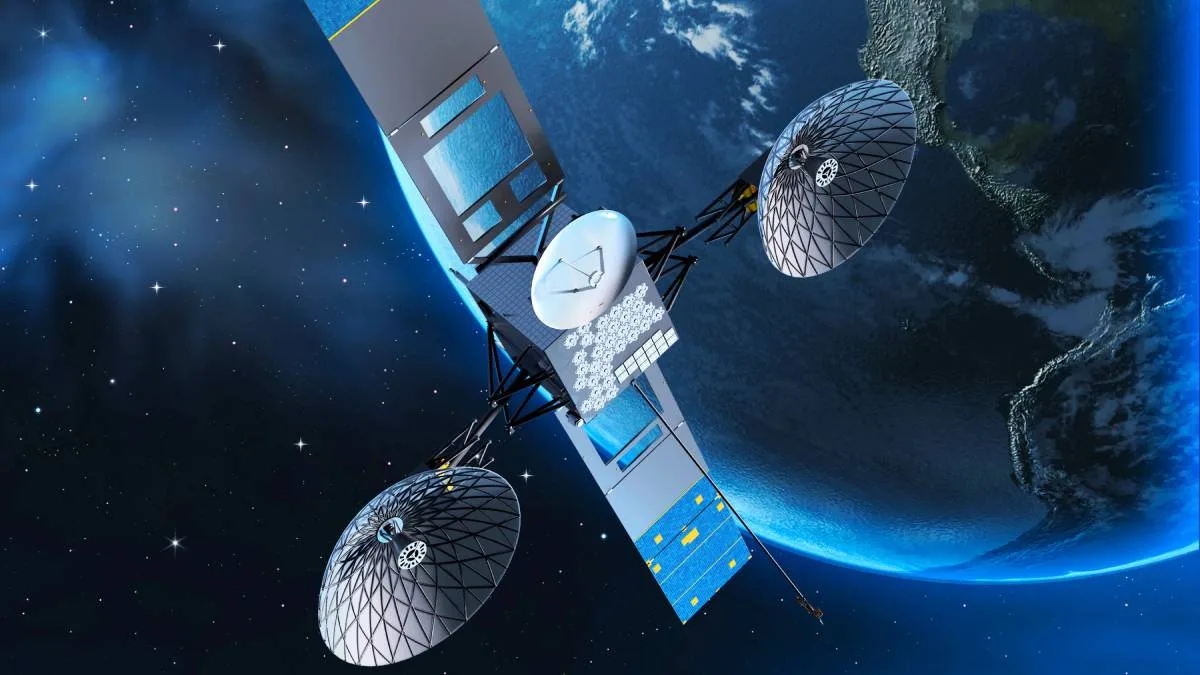 An illustration depicts a NASA Tracking and Data Relay Satellite (TDRS) orbiting Earth, highlighting its solar panels and large antennae against the backdrop of space.